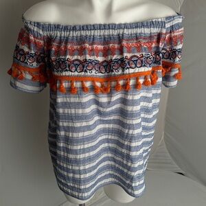 THML multicolor navy orange white off the shoulder pom pom trim top